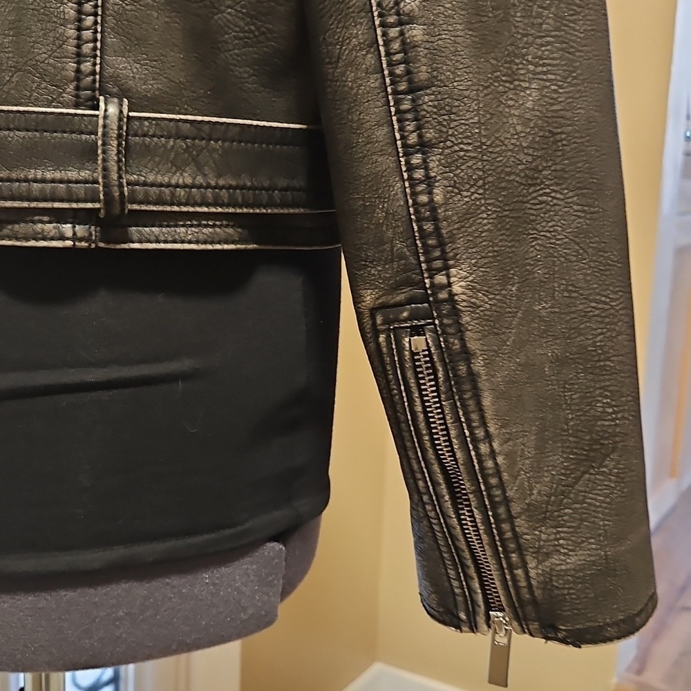 Zara Faux Leather Charcoal Grey Worn Effect Moto Jacket Size L - Picture 7 of 16
